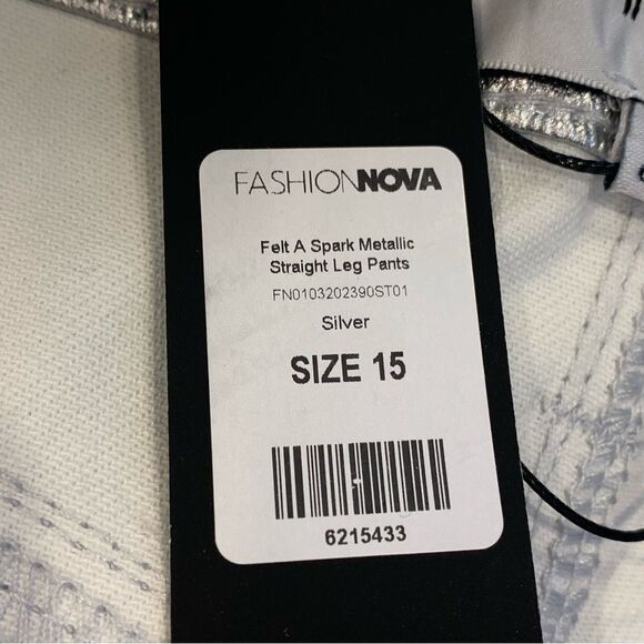Fashion Nova Felt A Spark Metallic Straight Leg Pants Size 15 Silver - Picture 6 of 10